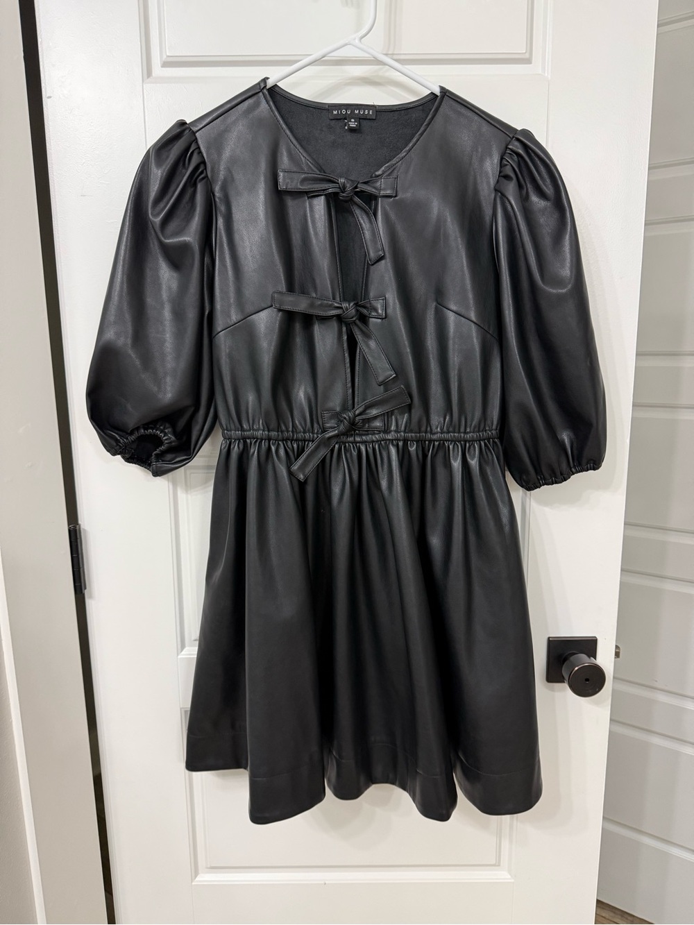 Miou Muse Black Faux Leather Mini Dress with Tie Front